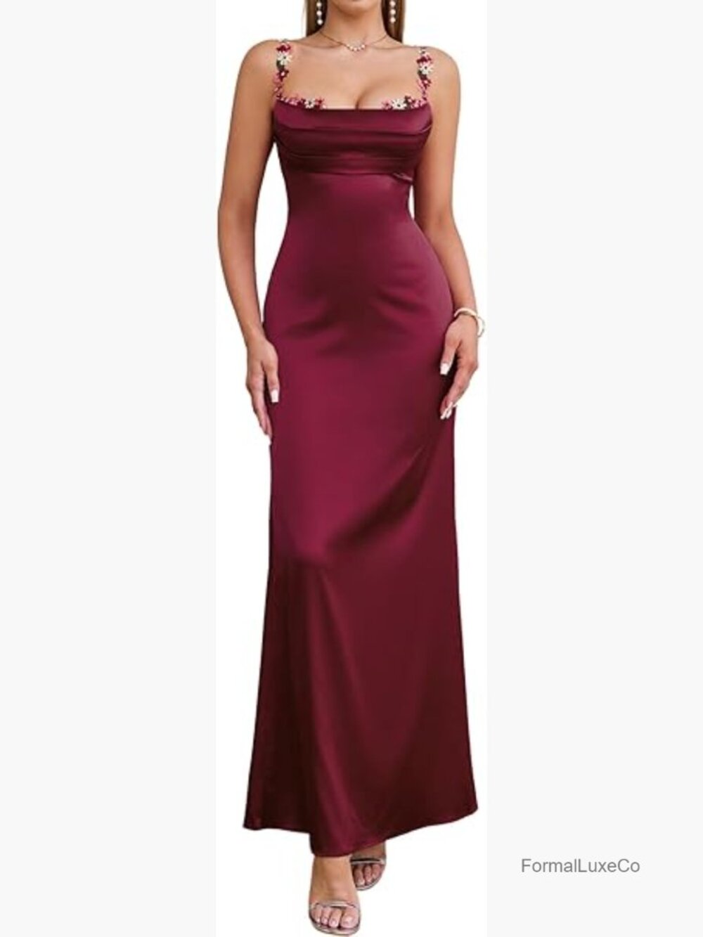 Satin Maxi Dress Floral Spaghetti Strap Backless Sleeveless Formal Prom Party